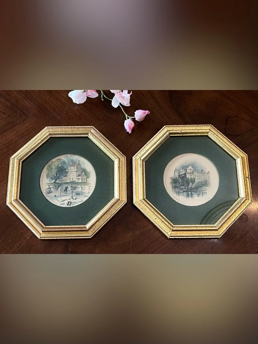 Vintage Rudolf Lesch Turner Views Framed Prints Pair Gold Gilt Octagon 8.25”x1